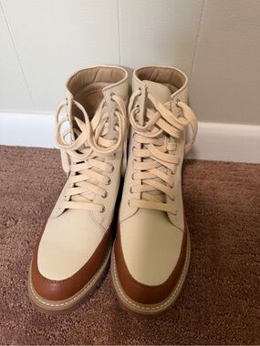 Cream & Brown Lace-Up Women’s Leather-Trim Boots